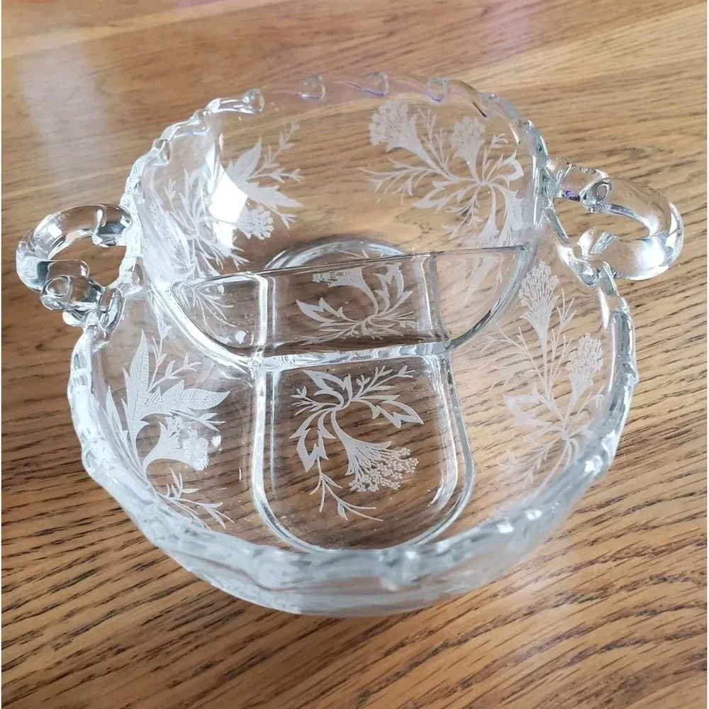 Fostoria Century Heather Etched 2 Part Divided Relish Dish Side Handled 7.5